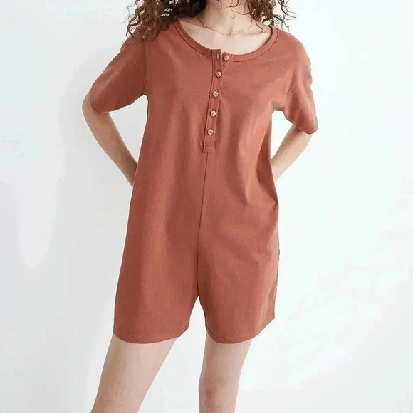 Madewell Henley Pajama Romper Burnt Orange Medium - Picture 1 of 7